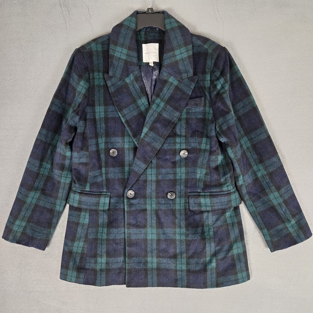 Avec Les Filles Pea Coat Womens Large Black Watch Tartan Plaid Double Breasted